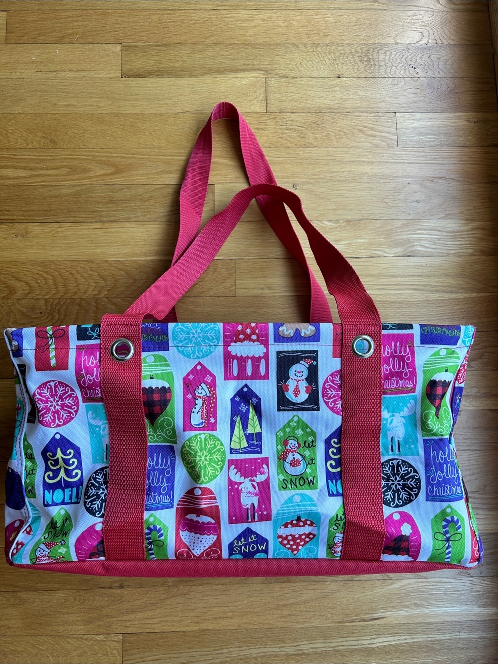 Thirty One Holiday Pattern Utility Tote Bag with Red Straps